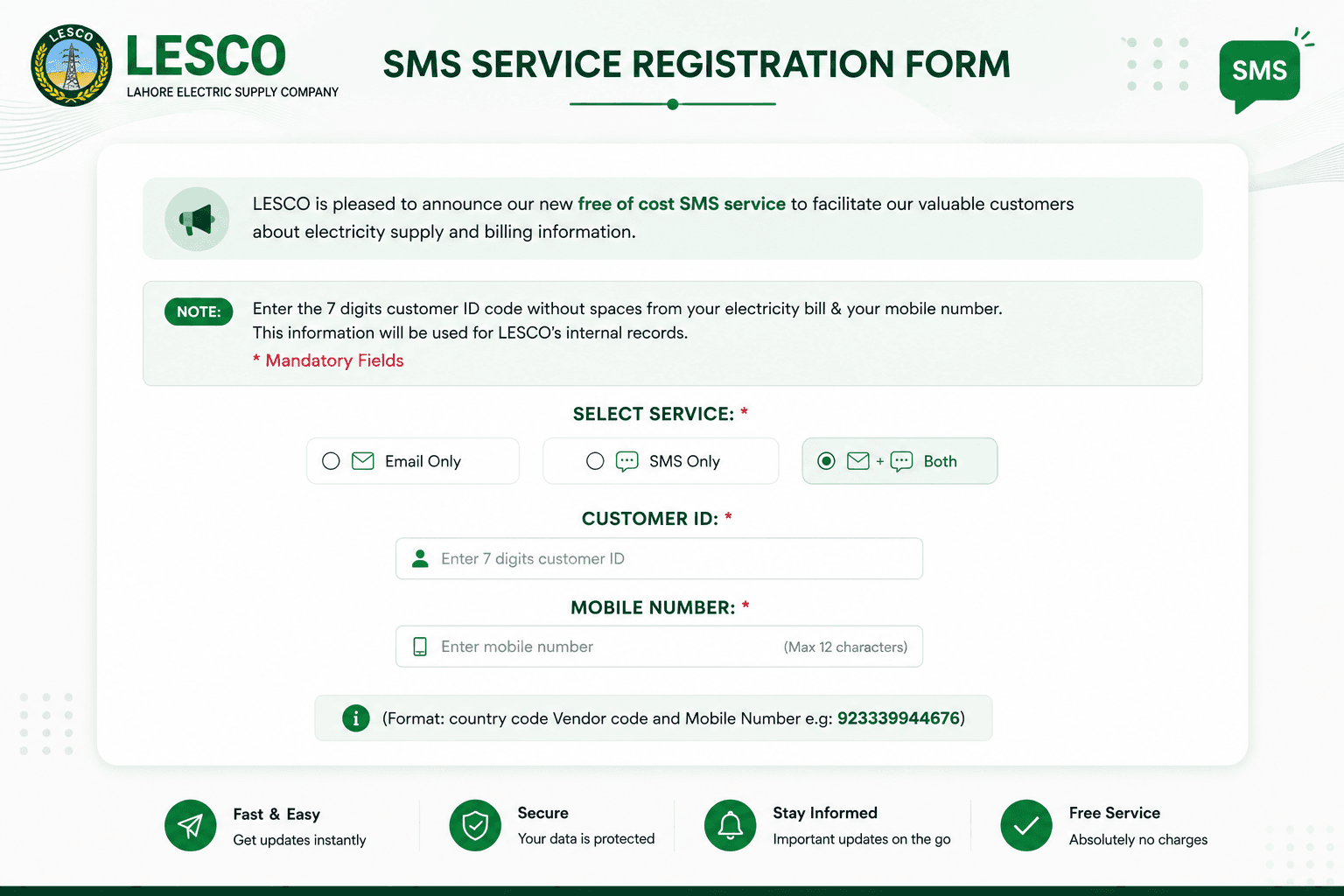 LESCO SMS service registration form LESCO SMS service registration form
